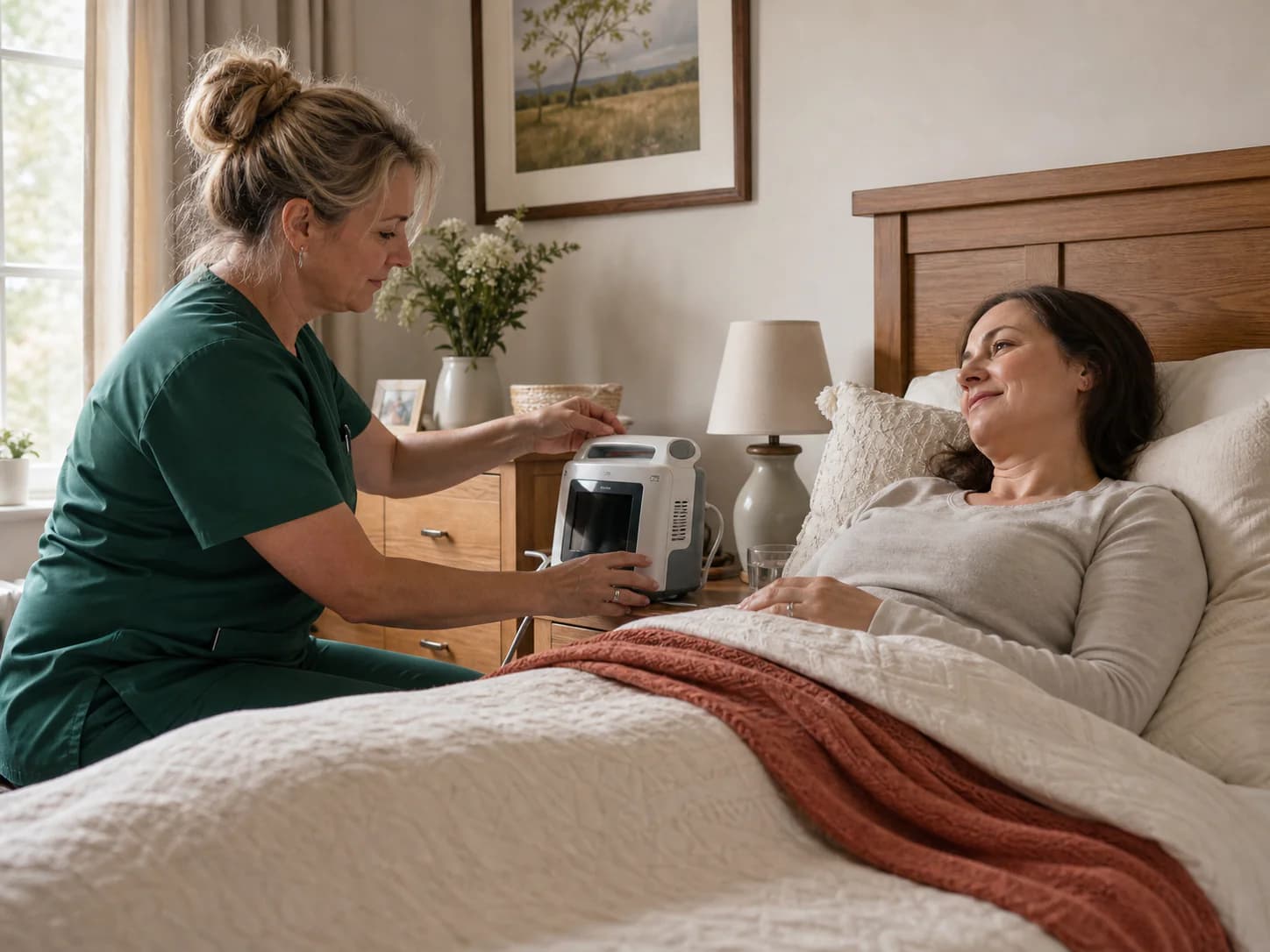 A complex care nurse checking equipment at a client's bedside