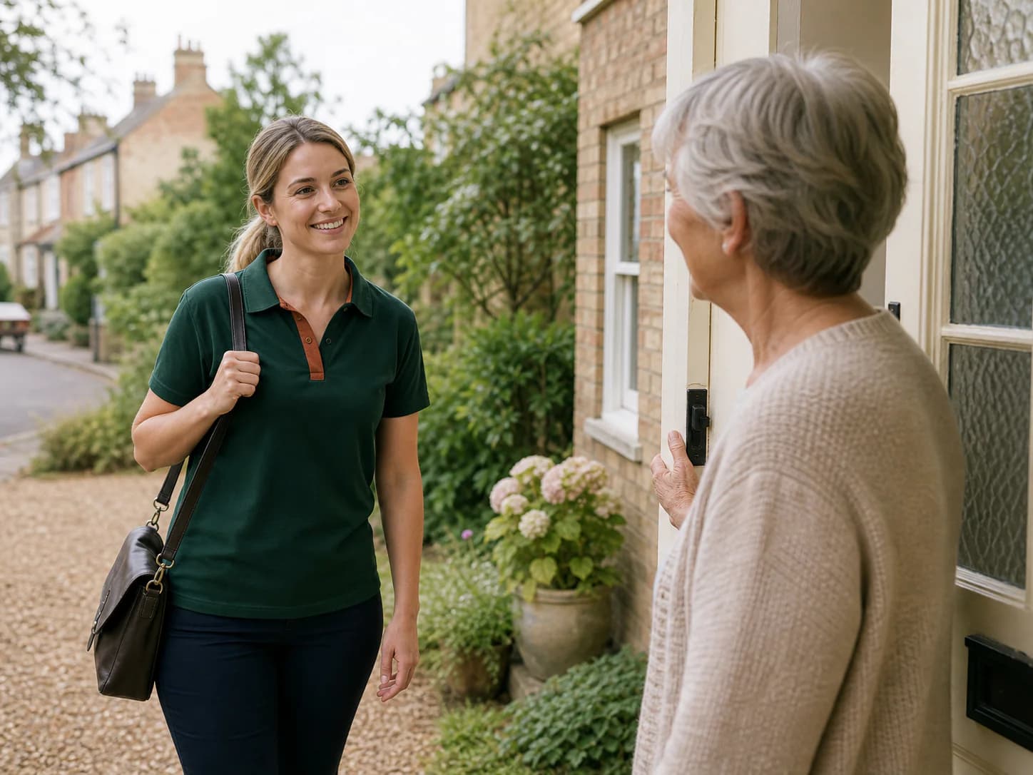 A carer arriving at a client's front door for a morning call